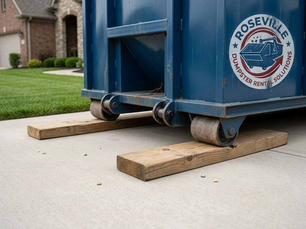 Close-up of a roll-off dumpster resting on timber protection boards on a driveway