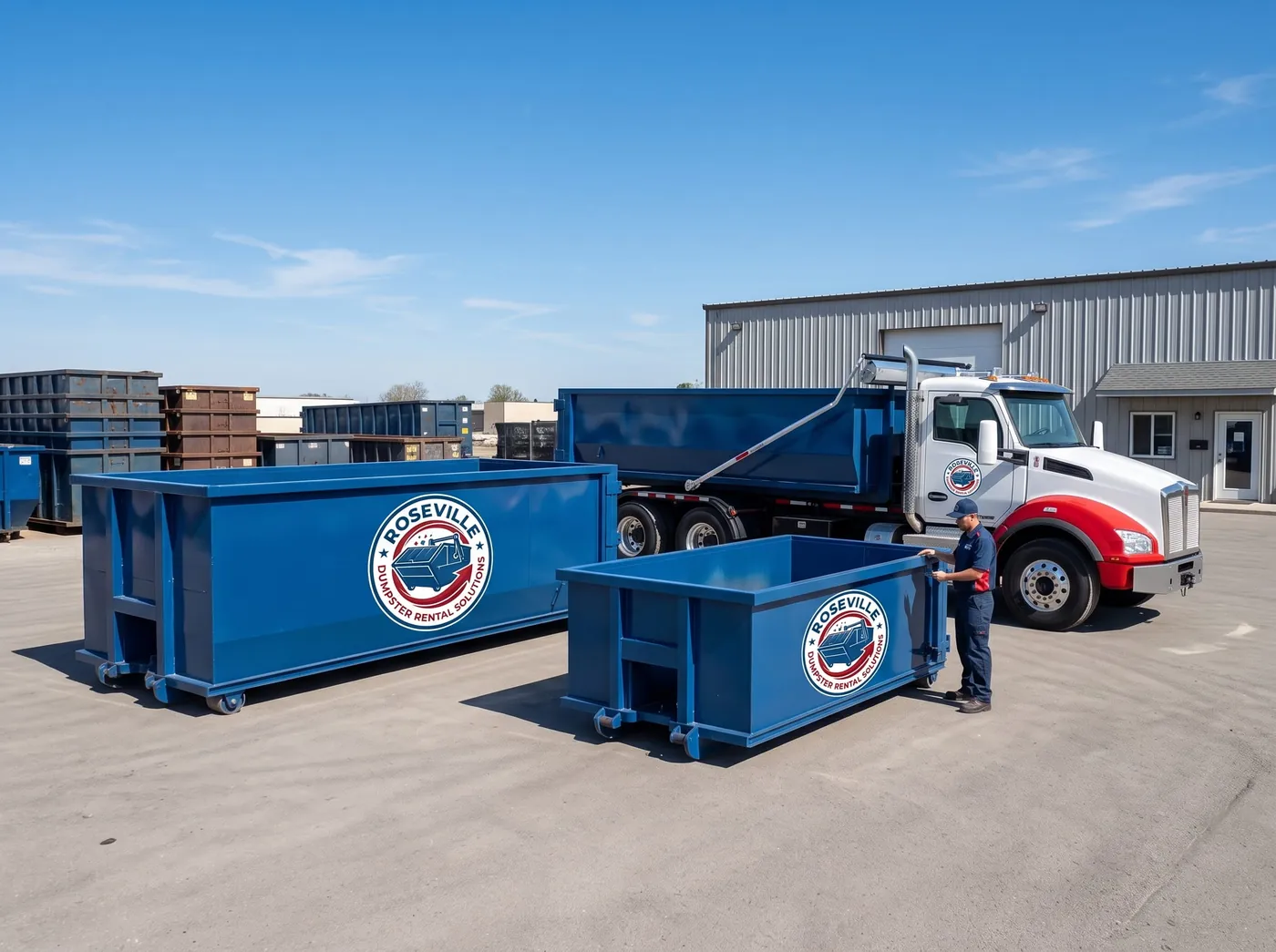 Roseville Dumpster Rental Solutions roll-off truck fleet serving Macomb County and the surrounding region Roseville Dumpster Rental Solutions roll-off truck fleet serving Macomb County and the surrounding region