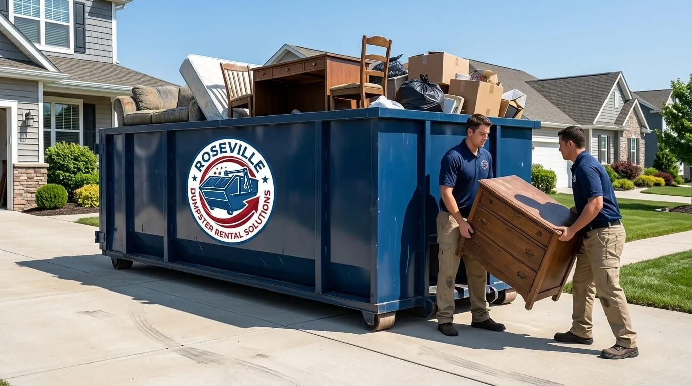 Crew loading furniture into a roll-off container during a cleanout in Roseville, Michigan