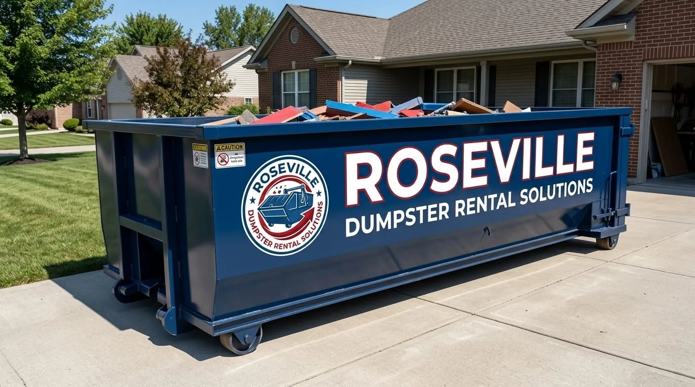 Roseville Dumpster Rental Solutions roll-off container and truck working a job in Macomb County Roseville Dumpster Rental Solutions roll-off container and truck working a job in Macomb County