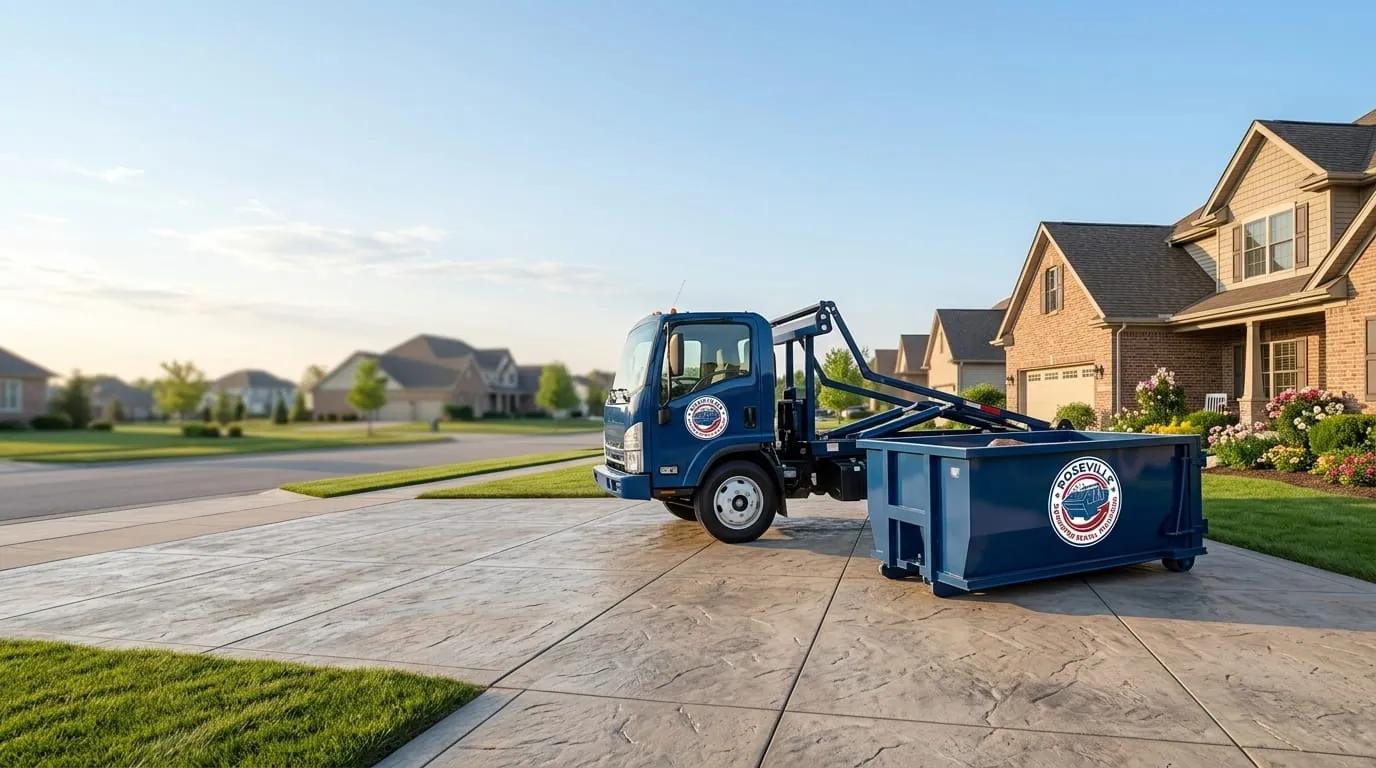 Roll-off truck placing a container on a residential street in Roseville, Michigan Roll-off truck placing a container on a residential street in Roseville, Michigan